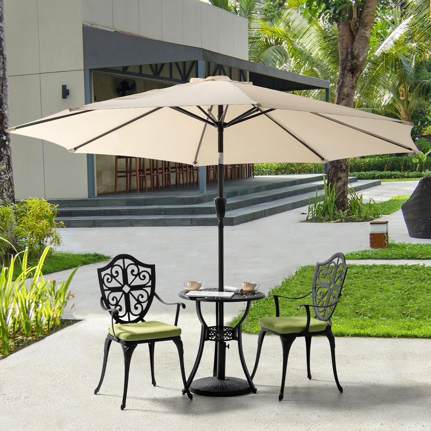 NUU GARDEN 3 Piece Outdoor Bistro Set, Outdoor Cast Aluminum Patio Bistro Table and Chairs Set of 2 with Umbrella Hole and Green Cushions for Backyard, Balcony, Porch, Black
