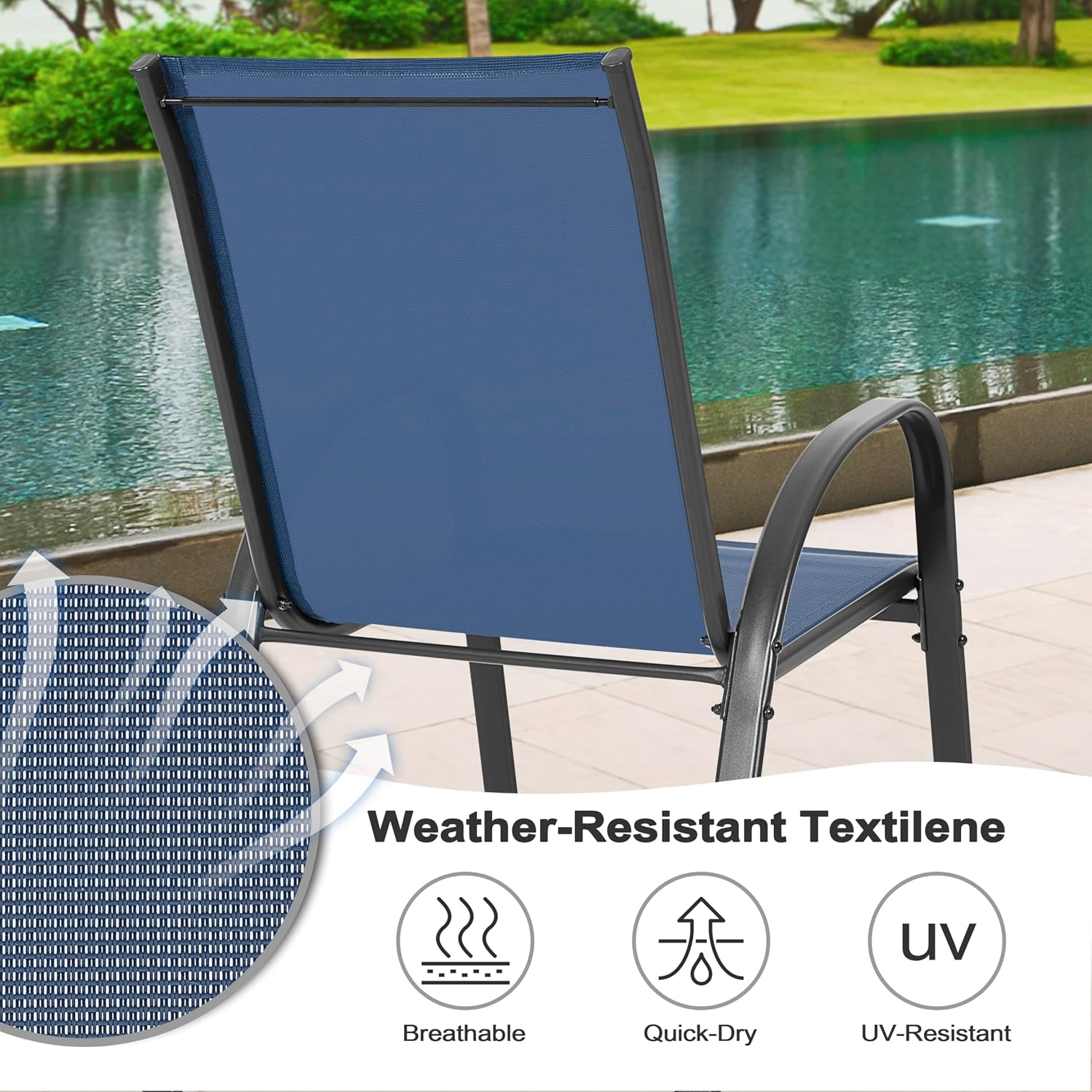 NUU GARDEN 5 Piece Patio Dining Set, 31.5 Inch Square Metal Table with Umbrella Hole and 4 Stackable Chairs, Outdoor Dining Furniture for Lawn Balcony Garden, Black and Blue