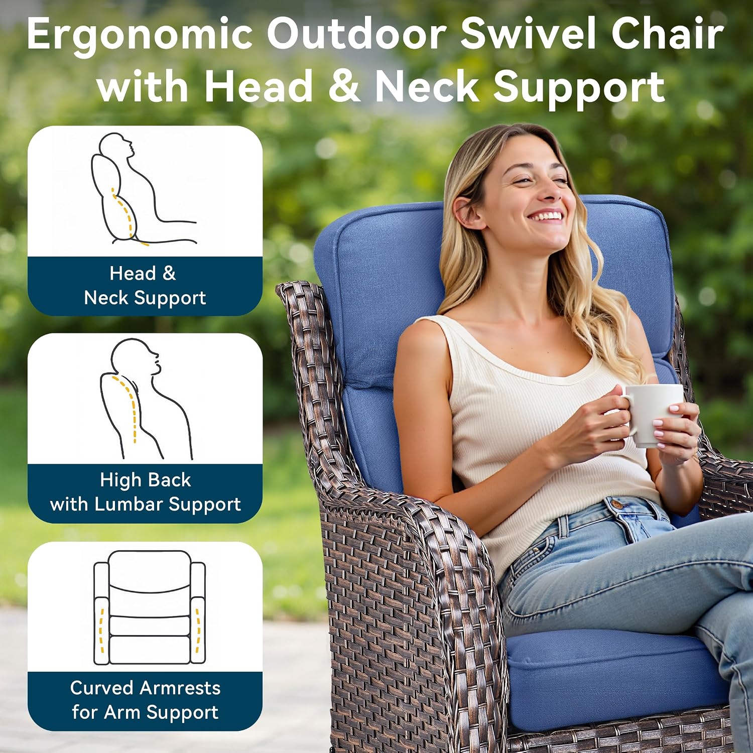 Luxury High Back Outdoor Swivel Rocker Patio Chairs with Side Table & 6-Inch Thick Cushions, 3 Pieces Patio Furniture Set for Porch, Balcony, Deck and Yard