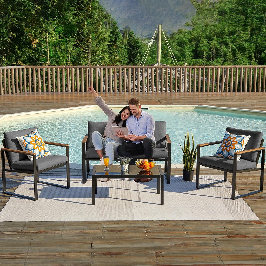 NATURAL EXPRESSIONS 4 Pieces Patio Furniture Sets,Metal Outdoor Patio Furniture Sets,Outdoor Sectional Patio Conversation Set,Wooden Anti-Scald Armrest,Sling Mesh,4' Olefin Cushions Dark Grey