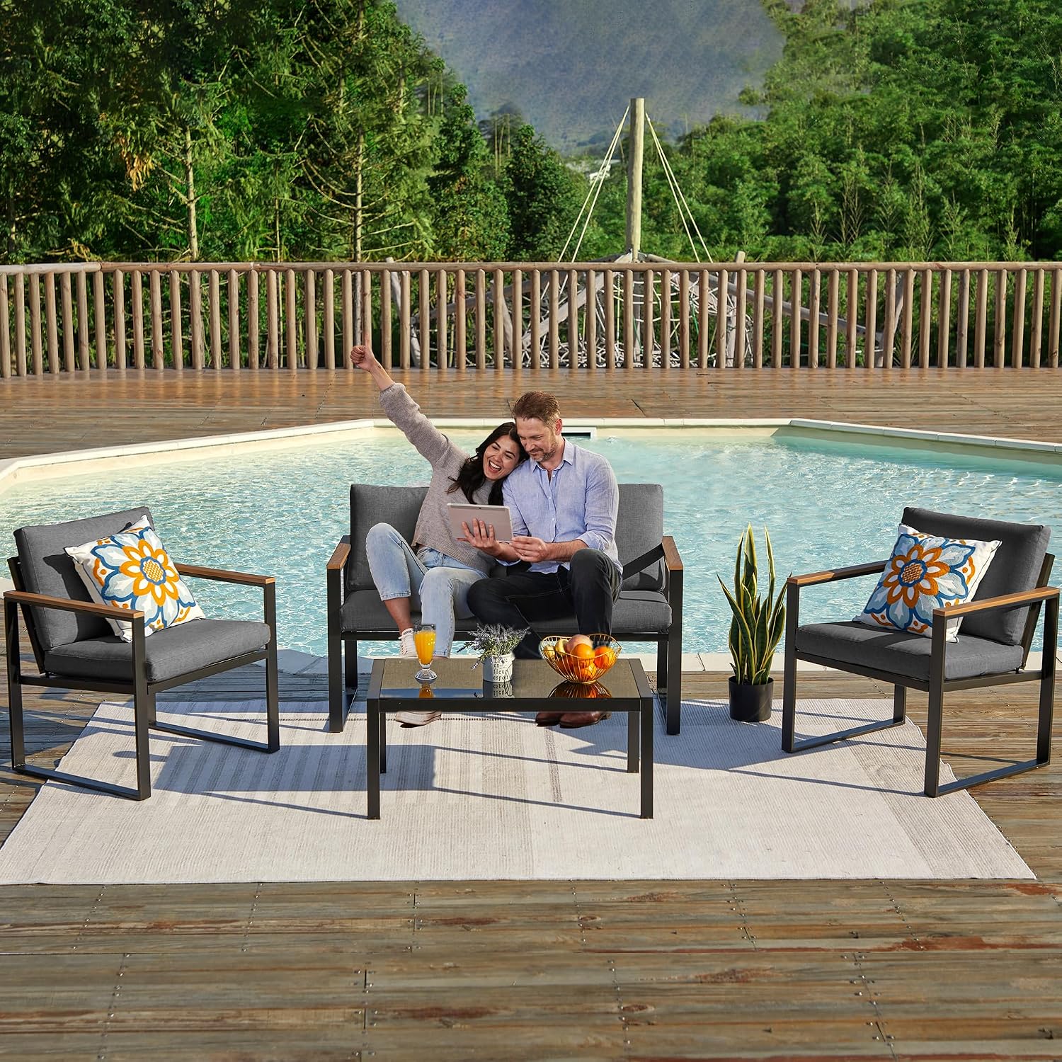 NATURAL EXPRESSIONS 4 Pieces Patio Furniture Sets,Metal Outdoor Patio Furniture Sets,Outdoor Sectional Patio Conversation Set,Wooden Anti-Scald Armrest,Sling Mesh,4' Olefin Cushions Dark Grey