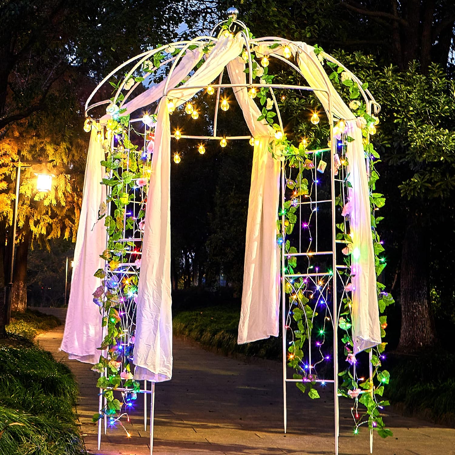 Birdcage Shape Garden Arches Arbors,9' High x 6.8' Wide,Metal Gazebo White Enduring Iron Trellis Plants Stand Use for Outdoor Garden Climbing Plants Wedding Arches Ceremony
