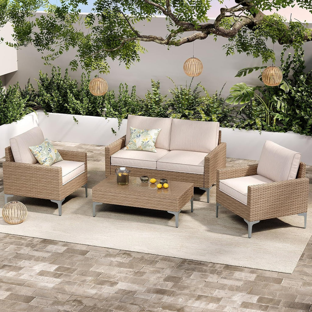 4-Piece Patio Furniture Set, Outdoor Wicker Sectional Sofa with Coffee Table, Anti-Slip & Thick All-Weather Cushions for Garden, Poolside, Backyard, Beige