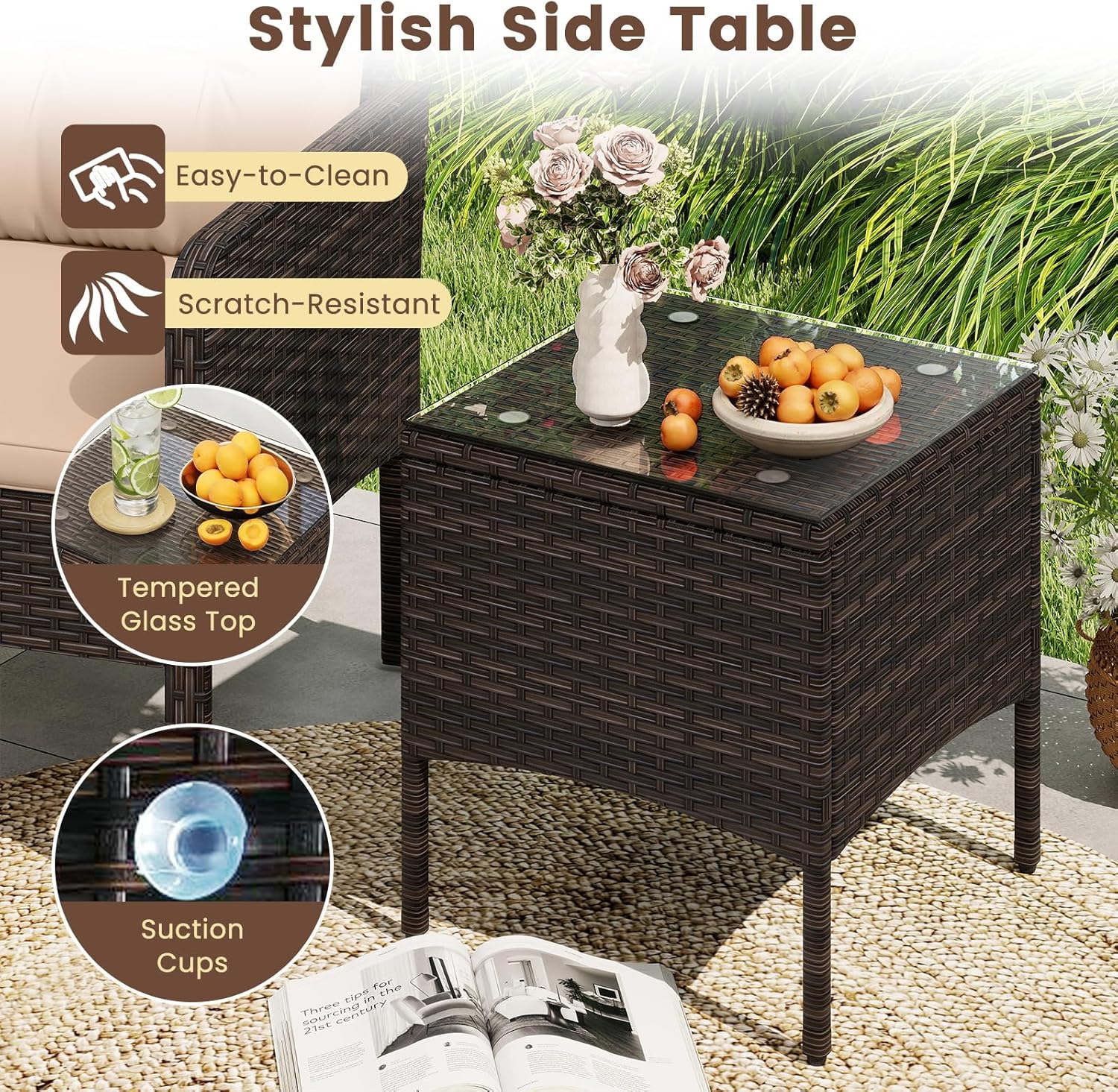 HAPPYGRILL 3 Piece Patio Bistro Set Rattan Wicker Outdoor Conversation Set with Cushions and Coffee Table, Outside Furniture with Rattan Chairs for Porch, Balcony, Deck and Garden (Beige)