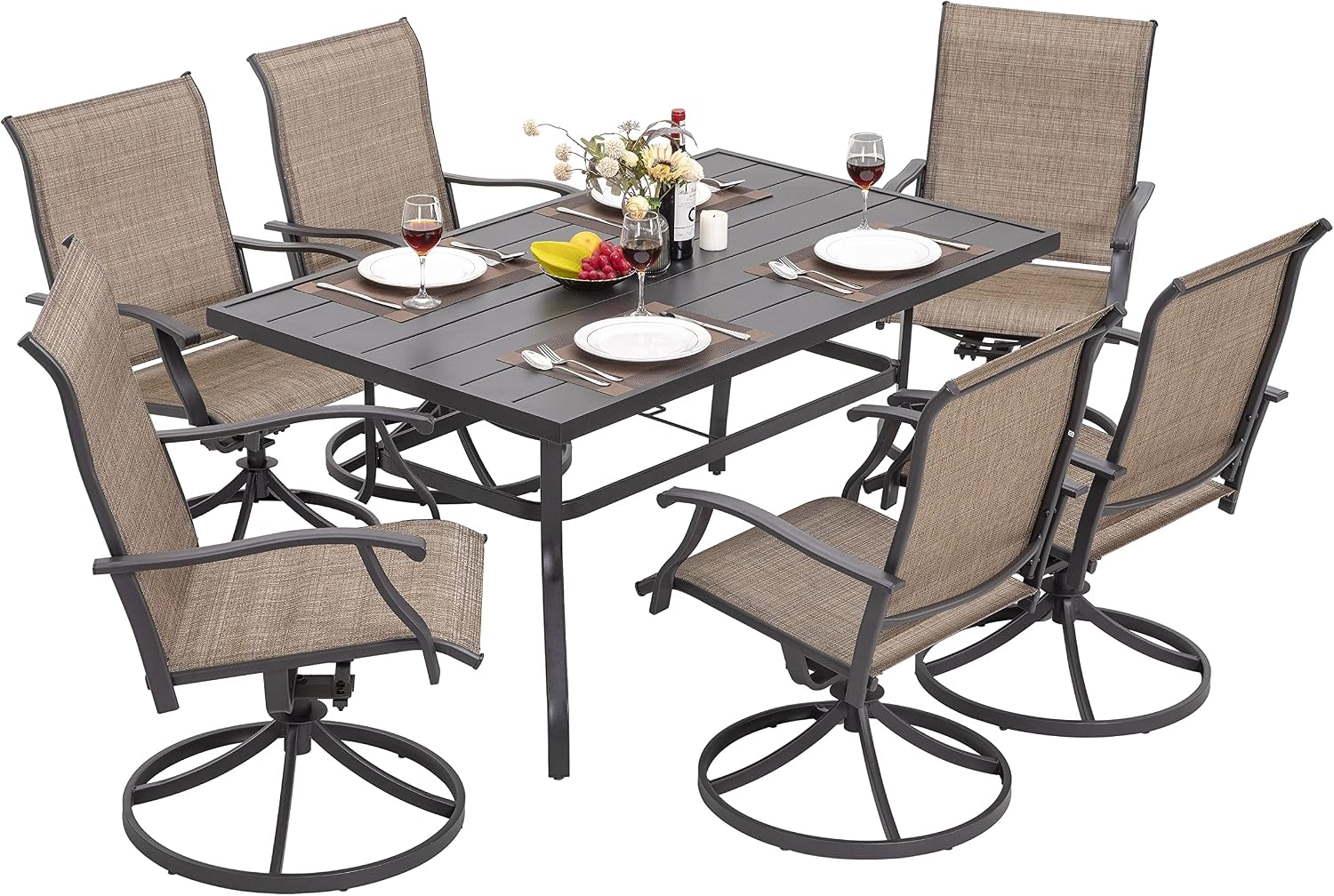 NUU GARDEN 7 Piece Outdoor Dining Set, 6 Swivel Patio Chairs and 1 Dining Table with 1.57 Inch Umbrella Hole, Iron Patio Furniture Set for Lawn Backyard Balcony, Black and Brown