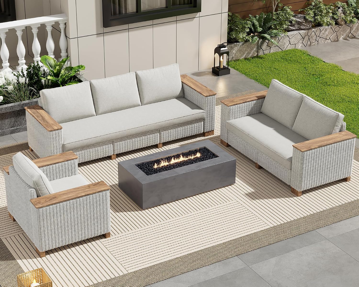 PaPaJet 6-Piece Wicker Patio Furniture Set with Solid Wood Armrest, Outdoor Patio Set with Thick Legs, UV-Resistant Modular Outdoor Sectional Sofa for Backyard, Porch, Garden