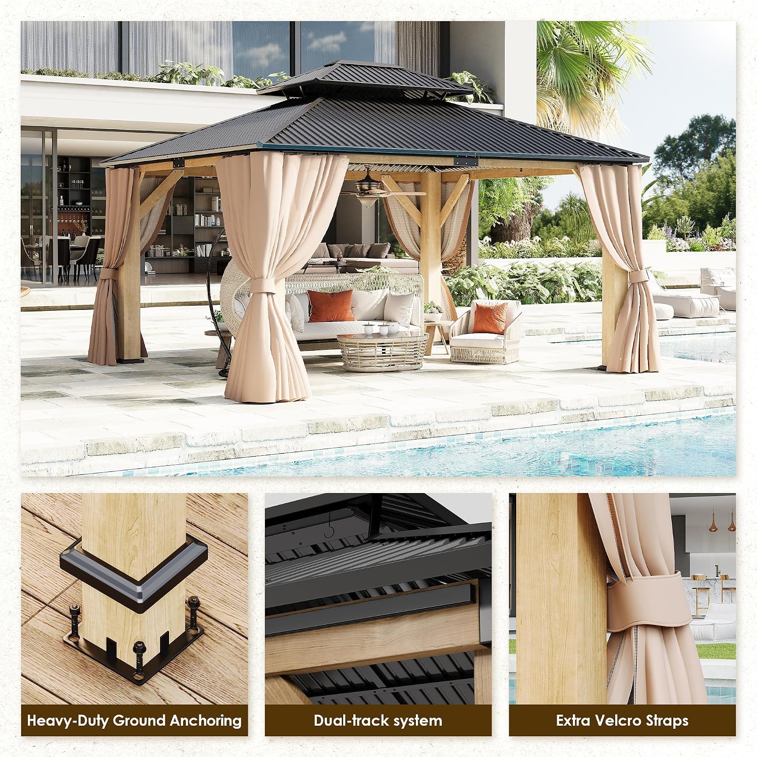 13'x15' Outdoor Wood Gazebo, Wooden Pavilion with Double Galvanized Steel Roof, Hardtop Gazebo with Natural Wood Frame, Curtains & Netting for Patio, Garden, Lawn, Deck, Backyard