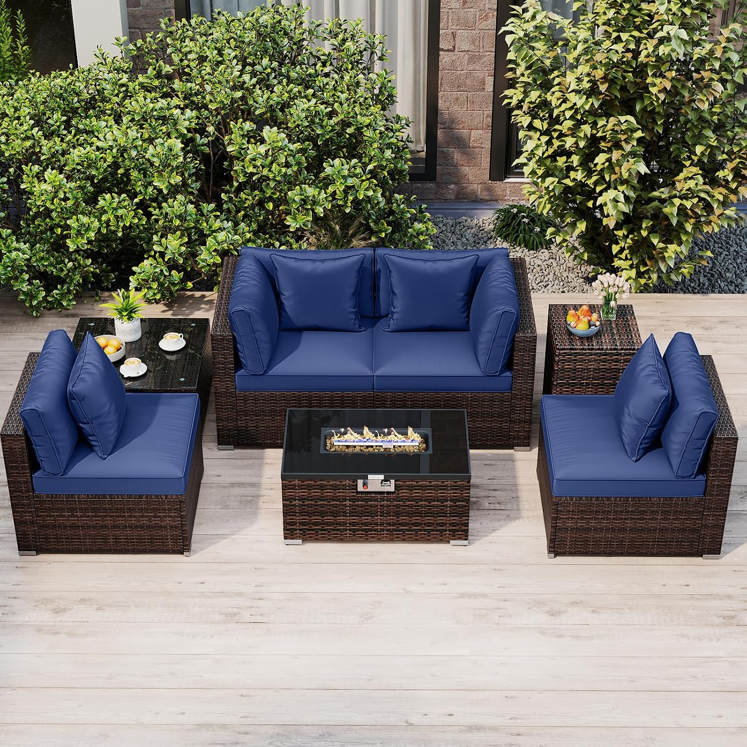 Tangkula 7 Pieces Wicker Patio Furniture Set with 40,000 BTU Gas Fire Pit Table & Propane Tank Cover Table & Glass Top Coffee Table, for Garden, Backyard and Poolside (Navy)