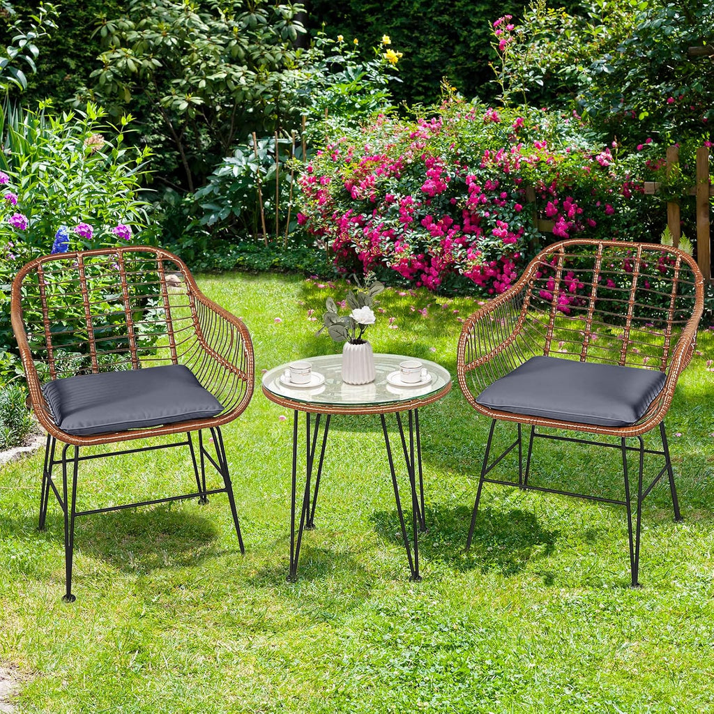 Tangkula 3 Pieces Patio Conversation Bistro Set, Outdoor Wicker Furniture w/Round Tempered Glass Top Table & 2 Rattan Armchairs, Bistro Chat Set w/Seat Cushions for Porch, Backyard, Garden