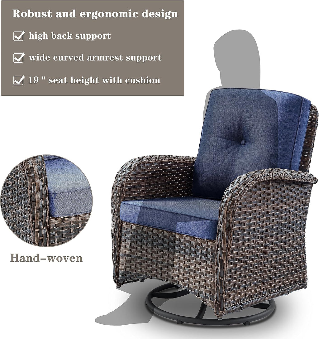 Belord Patio Wicker Chairs Swivel Rocker - Outdoor Swivel Rocking Chairs Set of 2 with Rattan Side Table, Patio Swivel Glider Chair 3 Piece Patio Furniture Sets for Deck Porch Pool Brown/Blue