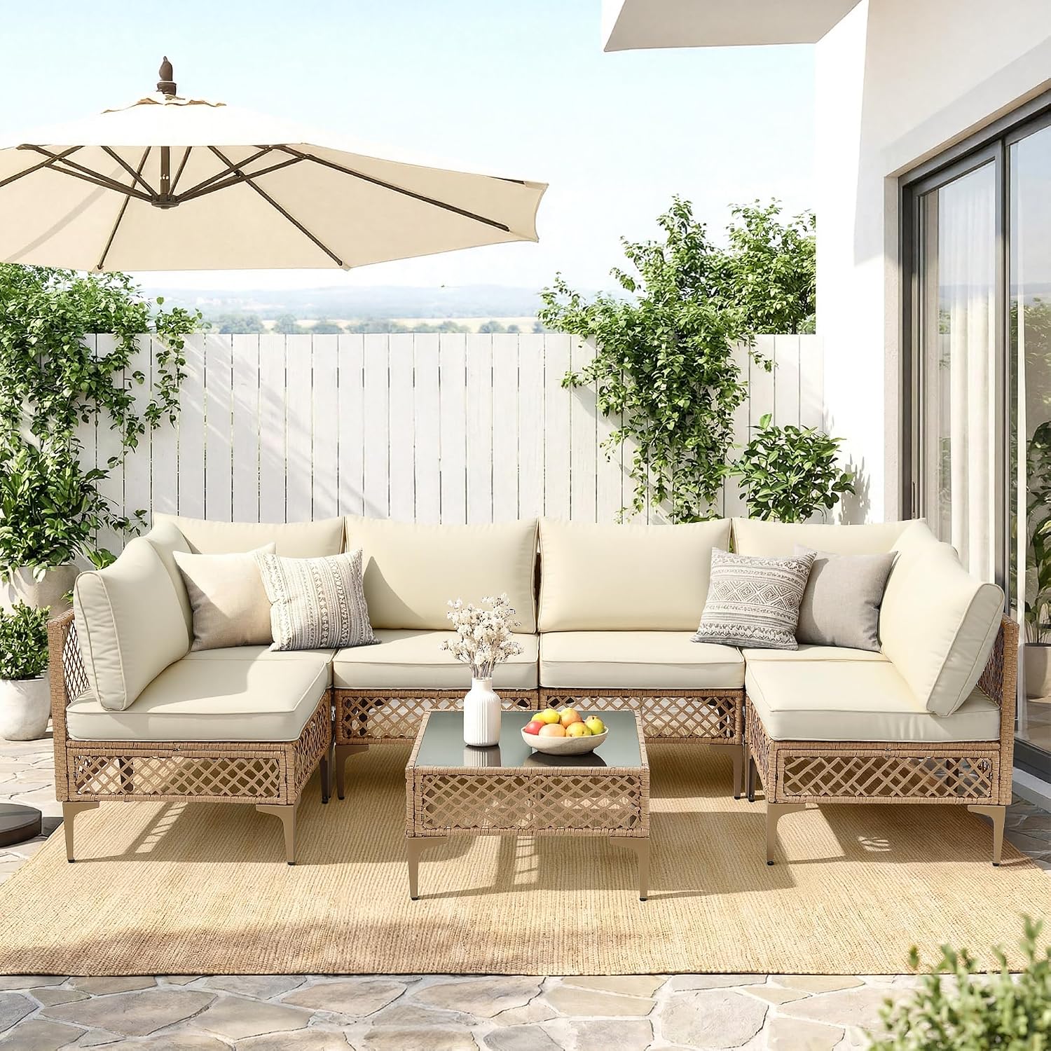 FHFO 7 Piece Patio Furniture Set, Outdoor Wicker Modular Sectional Patio Conversation Set with Thicker Cushion & Tempered Glass Coffee Table for Backyard, Poolside, Porch (Yellow/Beige)