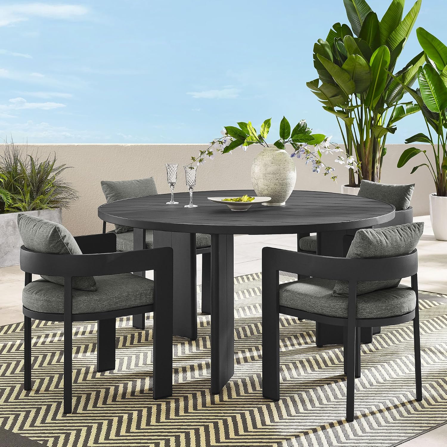 Modway Tahoe Outdoor Patio Powder-Coated Aluminum 5-Piece Dining Set in Gray Gray - Round Patio Furniture Set for 4 - Outside Table with Umbrella Hole and Cushioned Chairs - Modern Patio Set