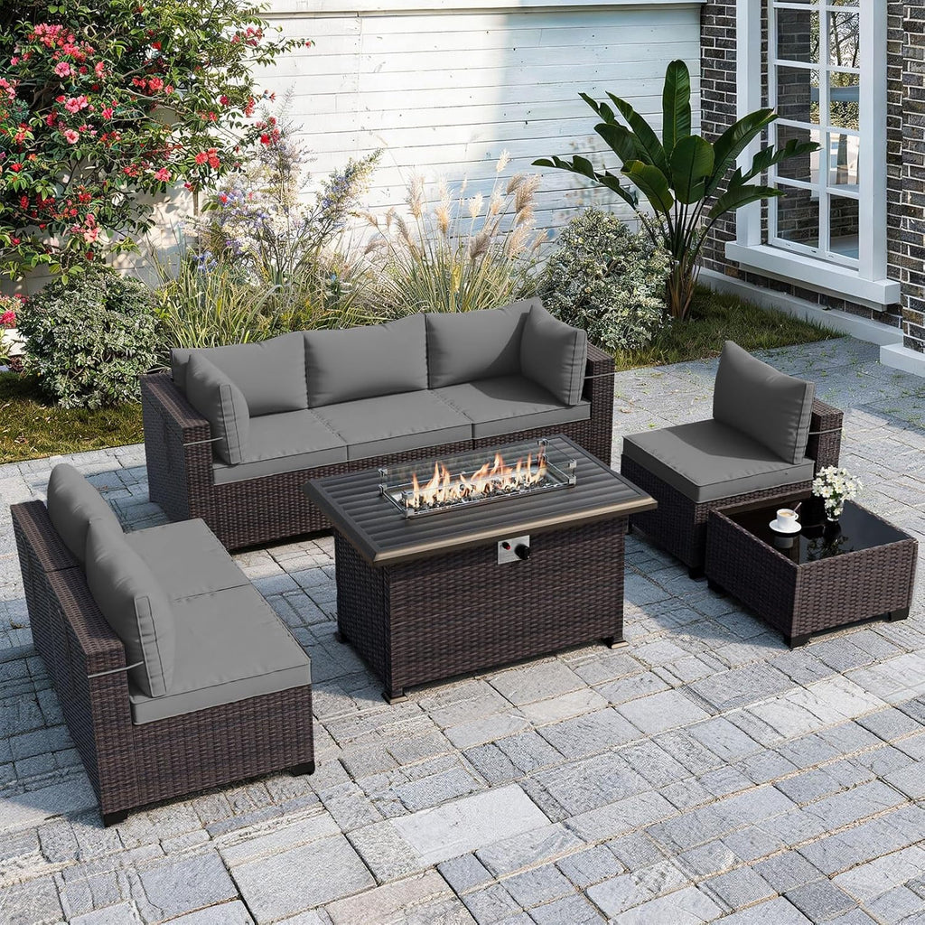 ALAULM Patio Furniture Set with Fire Pit Table 55000 BTU, Outdoor Sectional with Wide Seat and Thick Cushion, 8 Piece Wicker Rattan Conversation Set with Coffee Table for Garden, Deck, Grey