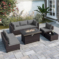 ALAULM Patio Furniture Set with Fire Pit Table 55000 BTU, Outdoor Sectional with Wide Seat and Thick Cushion, 8 Piece Wicker Rattan Conversation Set with Coffee Table for Garden, Deck, Grey
