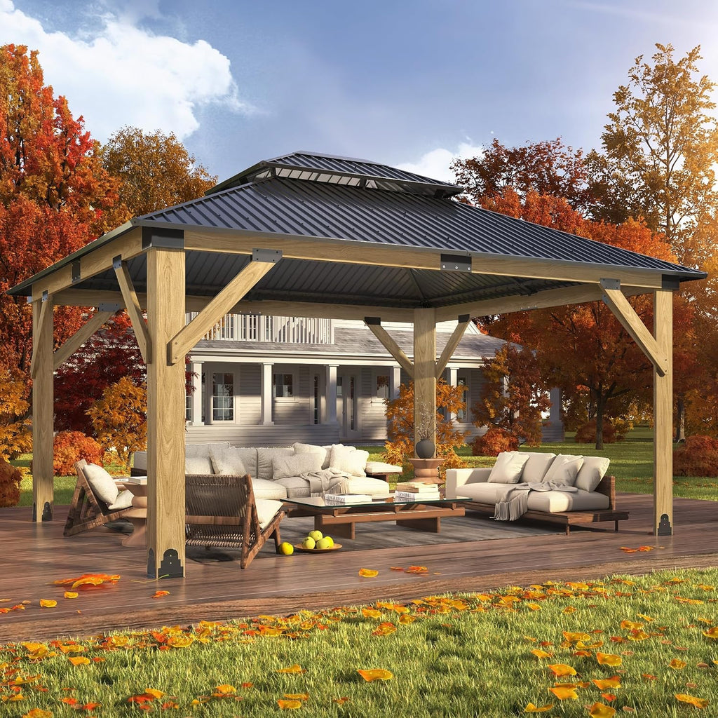 GARTOO 13'x15' Outdoor Wooden Gazebo - Patio Galvanized Steel Wood Gazebo with Double Vented Roof, Heavy-Duty Gazebos for Garden, Lawn, Backyard Deck, Poolside