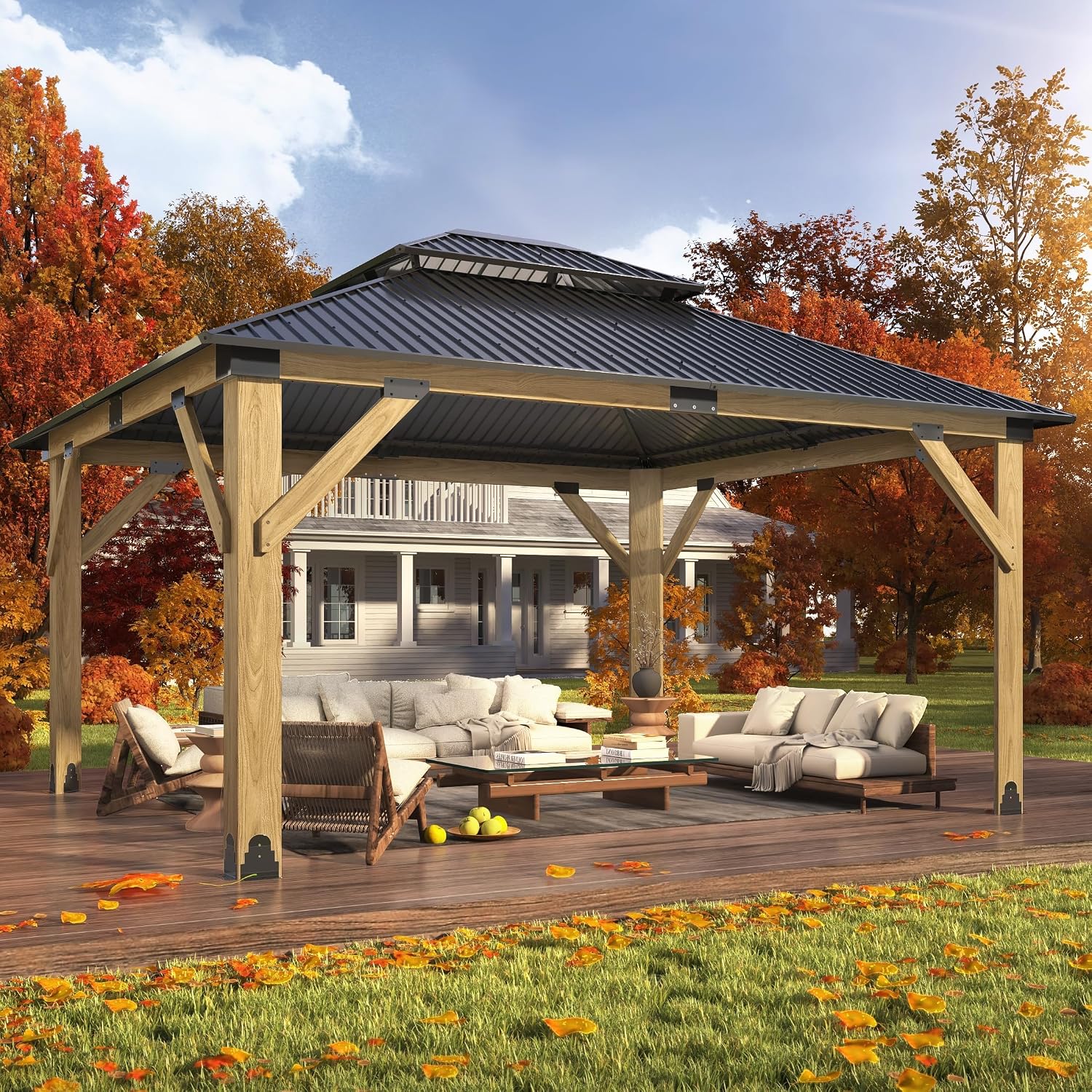 GARTOO 13'x15' Outdoor Wooden Gazebo - Patio Galvanized Steel Wood Gazebo with Double Vented Roof, Heavy-Duty Gazebos for Garden, Lawn, Backyard Deck, Poolside