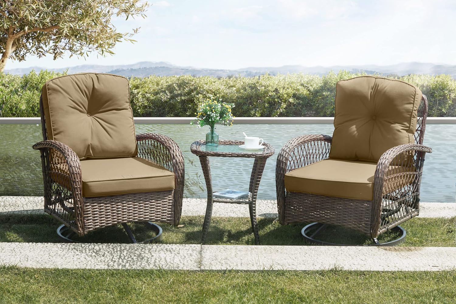 SHA CERLIN 3 Pieces Patio Furniture Set, Outdoor Swivel Glider Rocker, Wicker Patio Bistro Set with Rocking Chair, Cushions and Table (Khaki)