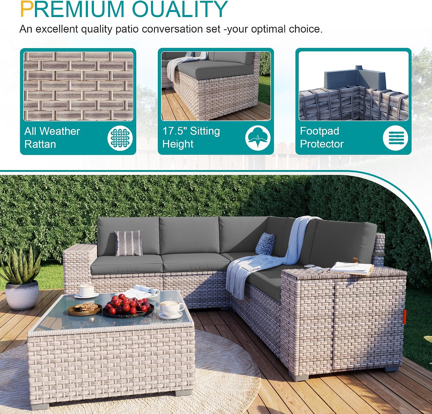 6-Piece Patio Furniture Set, Outdoor Extra Wide Armrest Modular Patio Sofa, Dual-Strand Rattan Wicker, Rust-Resistant Frame, Backyard High Back, Large Seat Furniture for Porch Garden Balcony, Grey