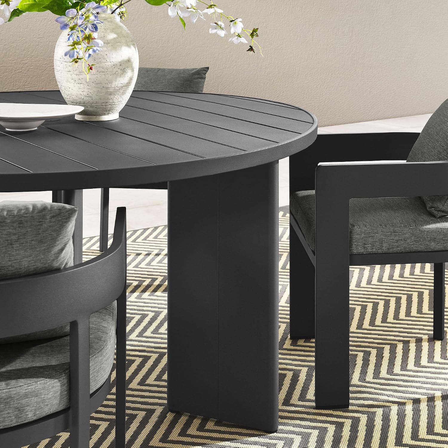 Modway Tahoe Outdoor Patio Powder-Coated Aluminum 5-Piece Dining Set in Gray Gray - Round Patio Furniture Set for 4 - Outside Table with Umbrella Hole and Cushioned Chairs - Modern Patio Set
