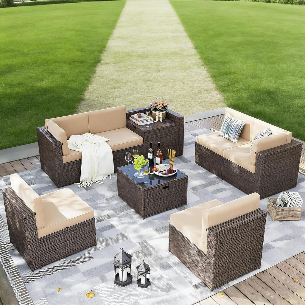 Aoxun 8 Piece Patio Furniture Set, Wicker Rattan Outdoor Furniture Set with Storage Box and Glass Top Table, Patio Sectional Set with Thick Cushions & Waterproof Cover, Beige