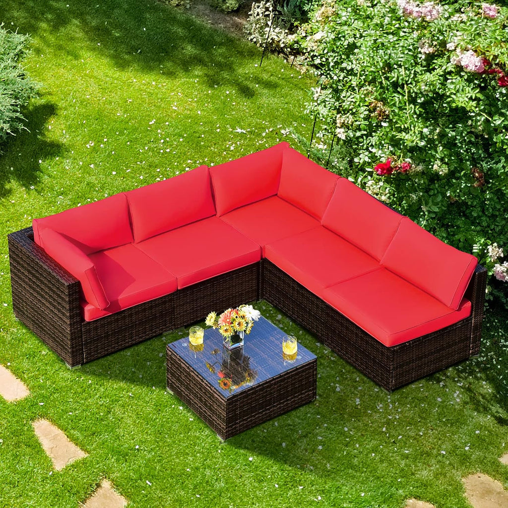 COSTWAY 6-Piece Outdoor Patio Furniture Set, Rattan Sectional Sofa Set with Tempered Glass Coffee Table and Cushions for Garden, Deck, Backyard (Red)