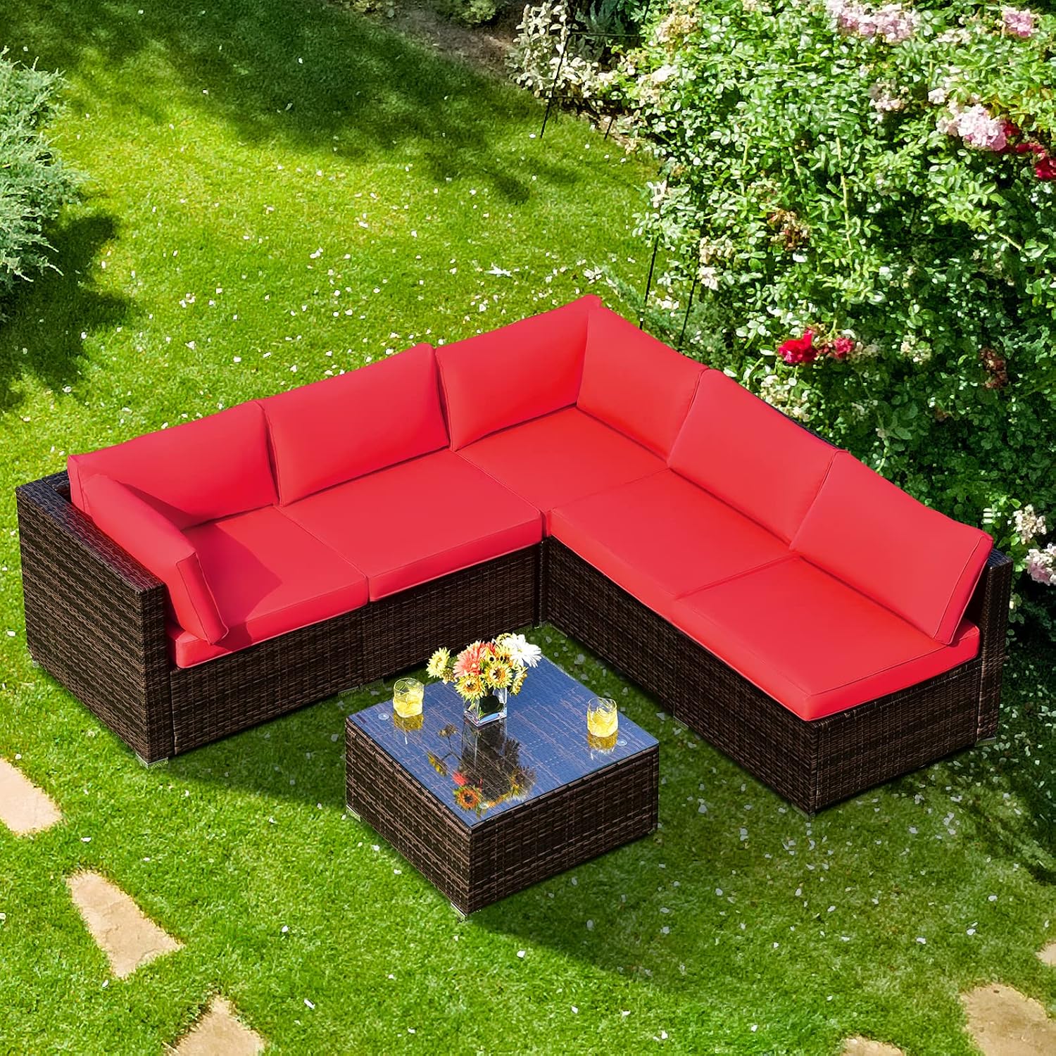 COSTWAY 6-Piece Outdoor Patio Furniture Set, Rattan Sectional Sofa Set with Tempered Glass Coffee Table and Cushions for Garden, Deck, Backyard (Red)