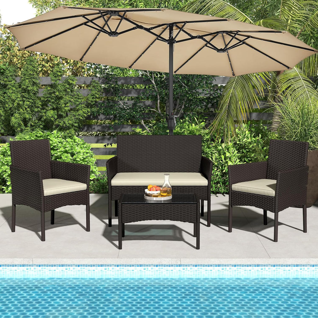 Yaheetech Patio Furniture Set 4 Pieces Conversation Sets, Rattan Chair Wicker Set Loveseat with Soft Cushion and Glass Table for Backyard Porch Garden Poolside Balcony, Brown and Beige