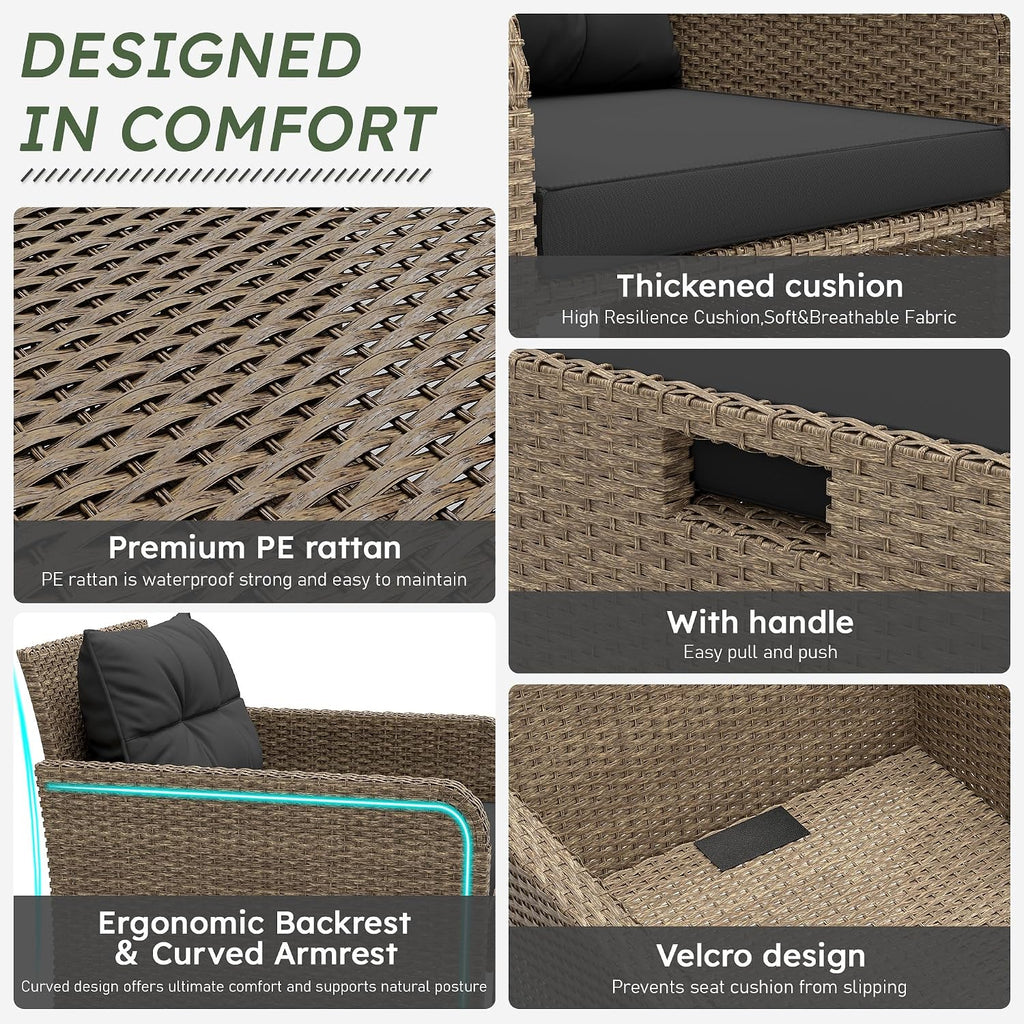 Balcony Furniture 5 Pieces Patio Set, Hand-Woven Rattan Patio Conversation Set with Soft Cushions & Coffee Table, Outdoor Chairs with Hidden Ottoman for Porch, Lawn, Garden, Balcony, Black
