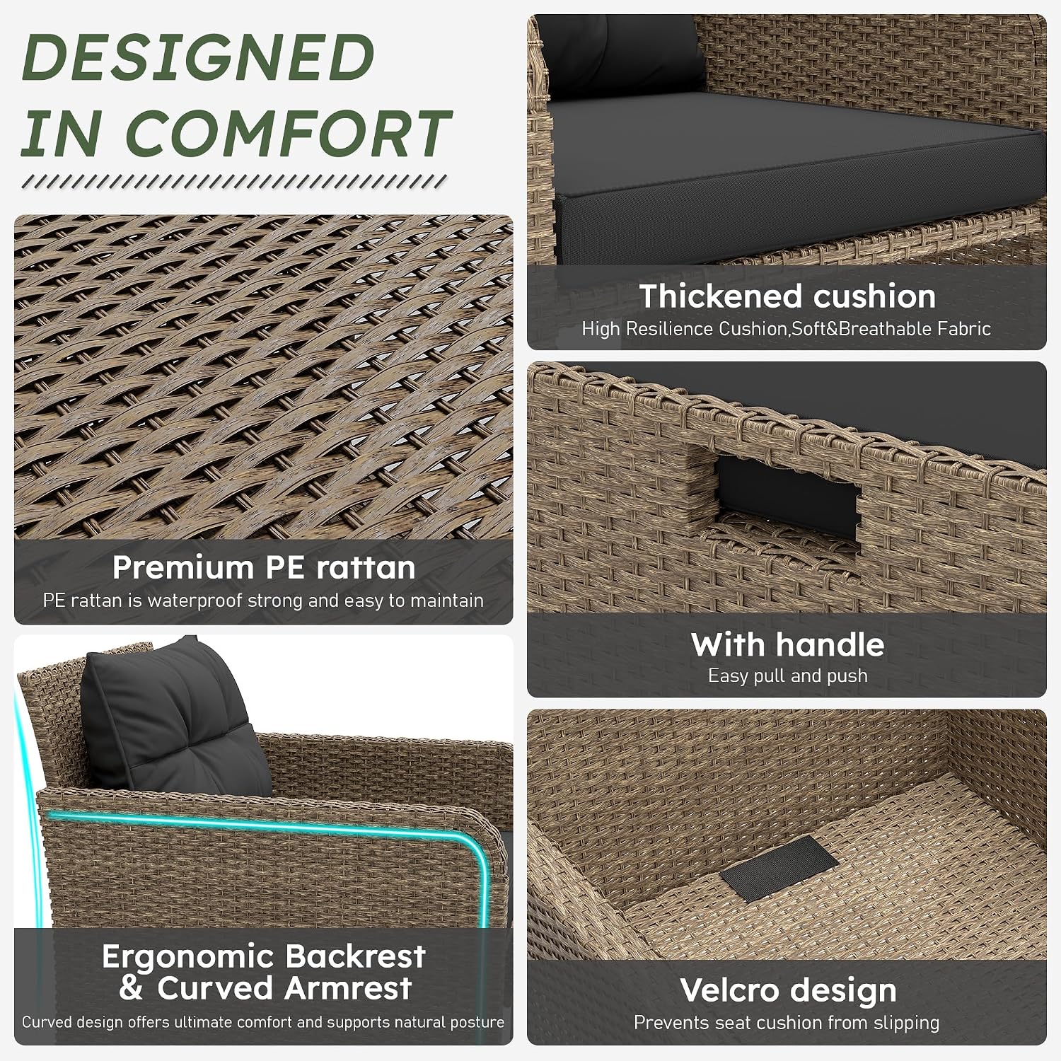 Balcony Furniture 5 Pieces Patio Set, Hand-Woven Rattan Patio Conversation Set with Soft Cushions & Coffee Table, Outdoor Chairs with Hidden Ottoman for Porch, Lawn, Garden, Balcony, Black