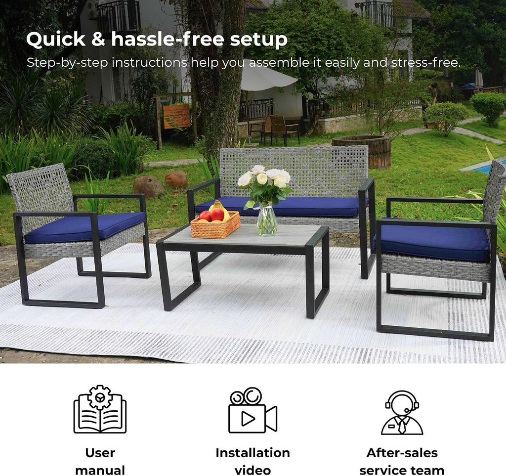 Merax 4 Pcs Patio Furniture Set, Outdoor Acacia Wood Table with 3 Chairs, All-Weather Garden Balcony Backyard Lawn Conversation Set (Blue Cushion and Light Gray Rattan)