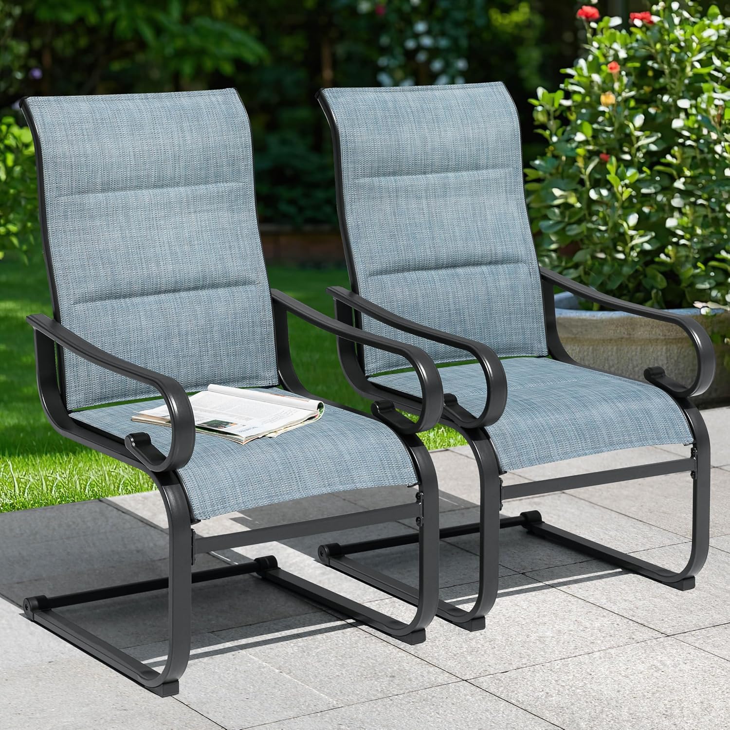NUU GARDEN Set of 2 Padded Textilene Patio Dining Chairs C Spring Outdoor Chairs with Curved Armrests Powder Coated Metal Frame Patio Furniture for Garden Backyard Poolside Lawn Blue and Black