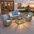 ovios 5-Piece Patio Furniture Set with Swivel Chairs Side Table, Outdoor Wicker Sofa with Comfy Cushions, High Back Couch Modern Conversation Sets, Grey/Denim Blue