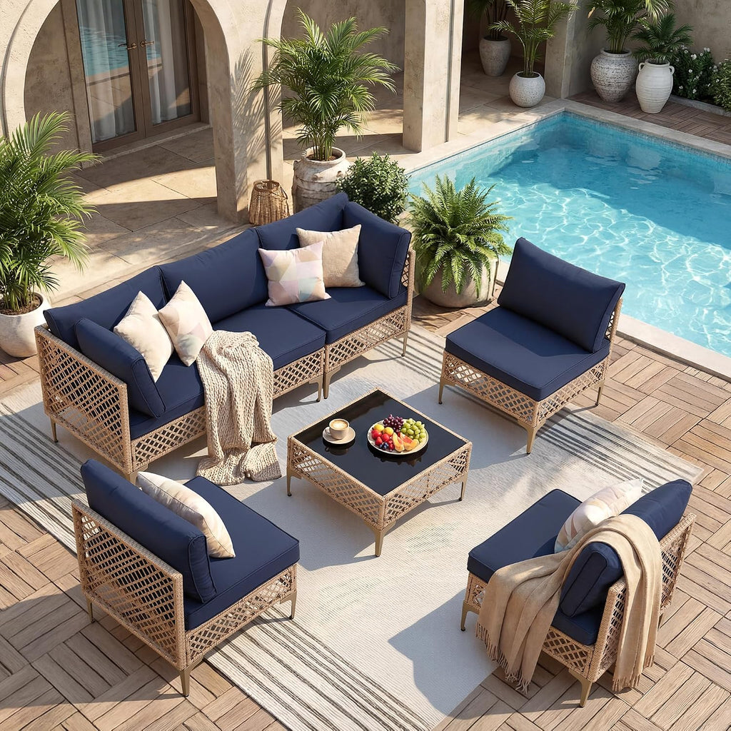 FHFO 7 Piece Patio Furniture Set, Outdoor Wicker Modular Sectional Patio Conversation Set with Thicker Cushion & Tempered Glass Coffee Table for Backyard, Poolside, Porch (Yellow/Blue)