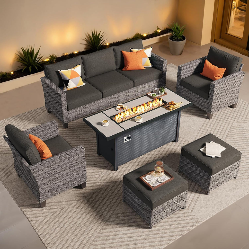 ovios 6 Pieces Patio Furniture Set with 54' Fire Pit Table, Outdoor Wicker Sofa with Comfy Cushions, All Weather High Back Rattan Couch Conversation Set, Black