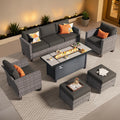 ovios 6 Pieces Patio Furniture Set with 54' Fire Pit Table, Outdoor Wicker Sofa with Comfy Cushions, All Weather High Back Rattan Couch Conversation Set, Black