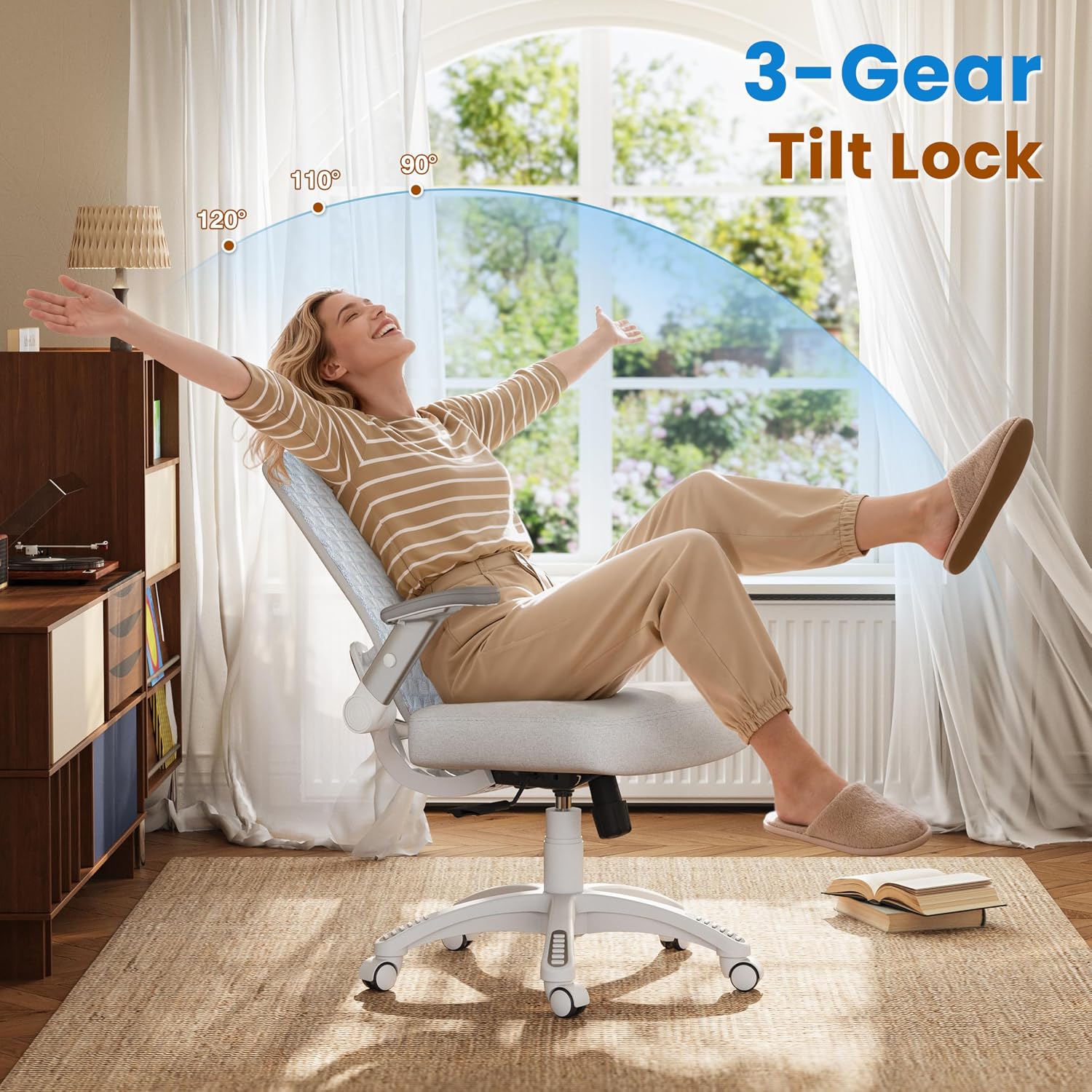 GABRYLLY Ergonomic Office Chair, High Back Home Desk Chair with Flip-Up Arms, 3D Headrest, Thick Sponge Seat &90-120° Recline, Big and Tall Mesh Executive Chairs for Man Woman, Glacier Flow