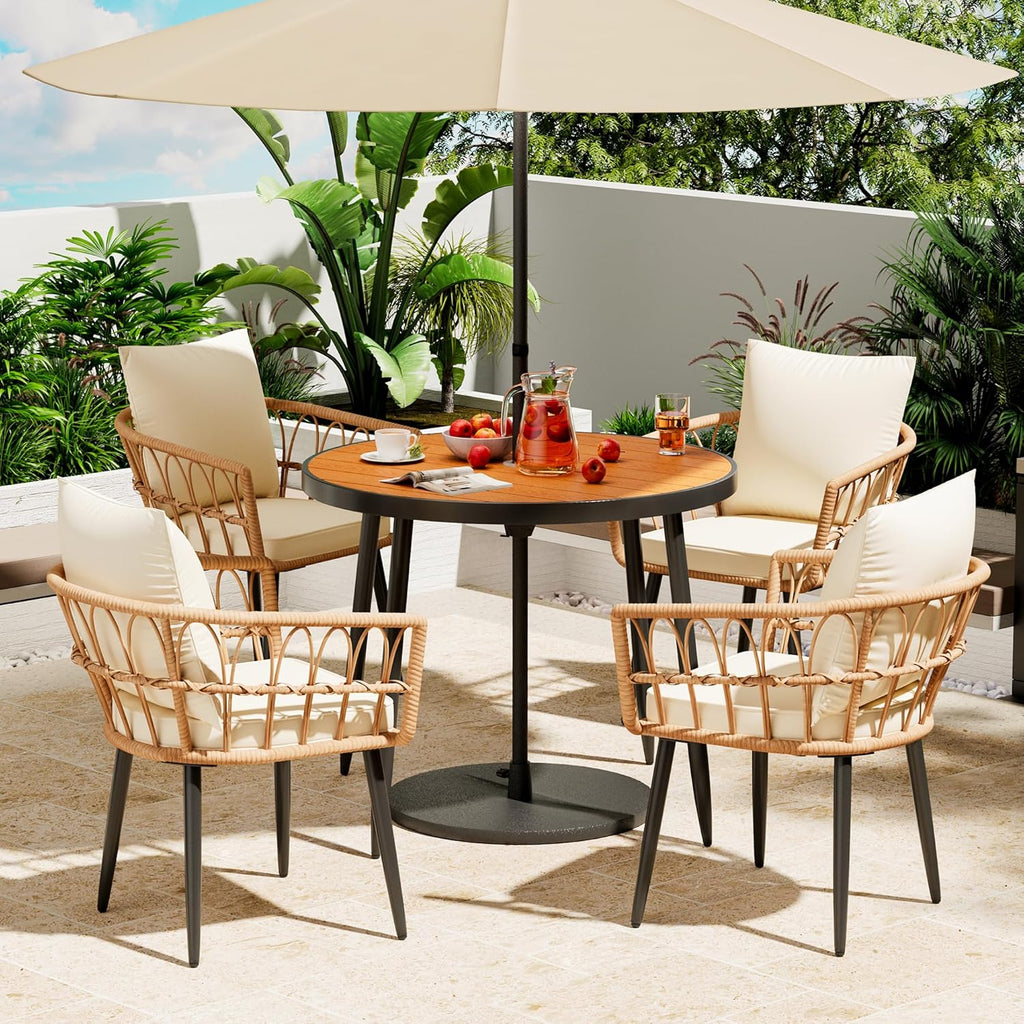 Pamapic 5-Pieces Patio Dining Set with Wood Table Top, All-Weather PE Rattan Patio Furniture Set, Outdoor Dining Furniture with Removable Cushion Chairs & Round Table for Garden Lawn Patio,Cream
