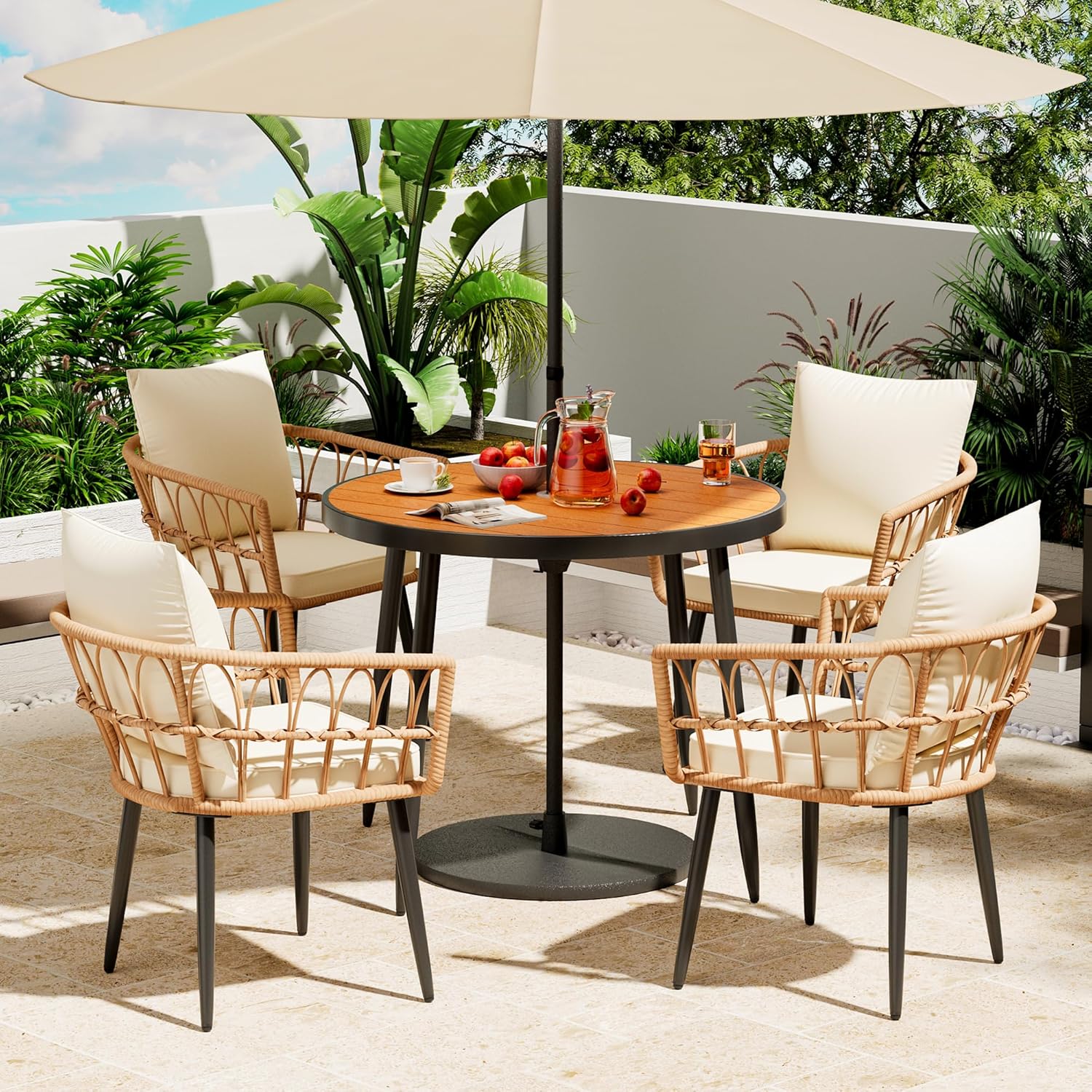 Pamapic 5-Pieces Patio Dining Set with Wood Table Top, All-Weather PE Rattan Patio Furniture Set, Outdoor Dining Furniture with Removable Cushion Chairs & Round Table for Garden Lawn Patio,Cream