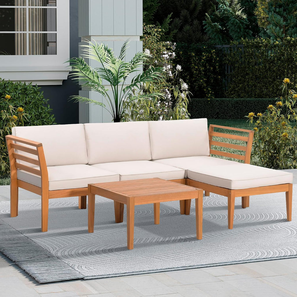 Werph 5-Piece Acacia Wood Patio Sectional Set, L-Shaped Outdoor Sofa Garden Couch with Coffee Table & Removable Cushions for Backyard, Deck, Beige