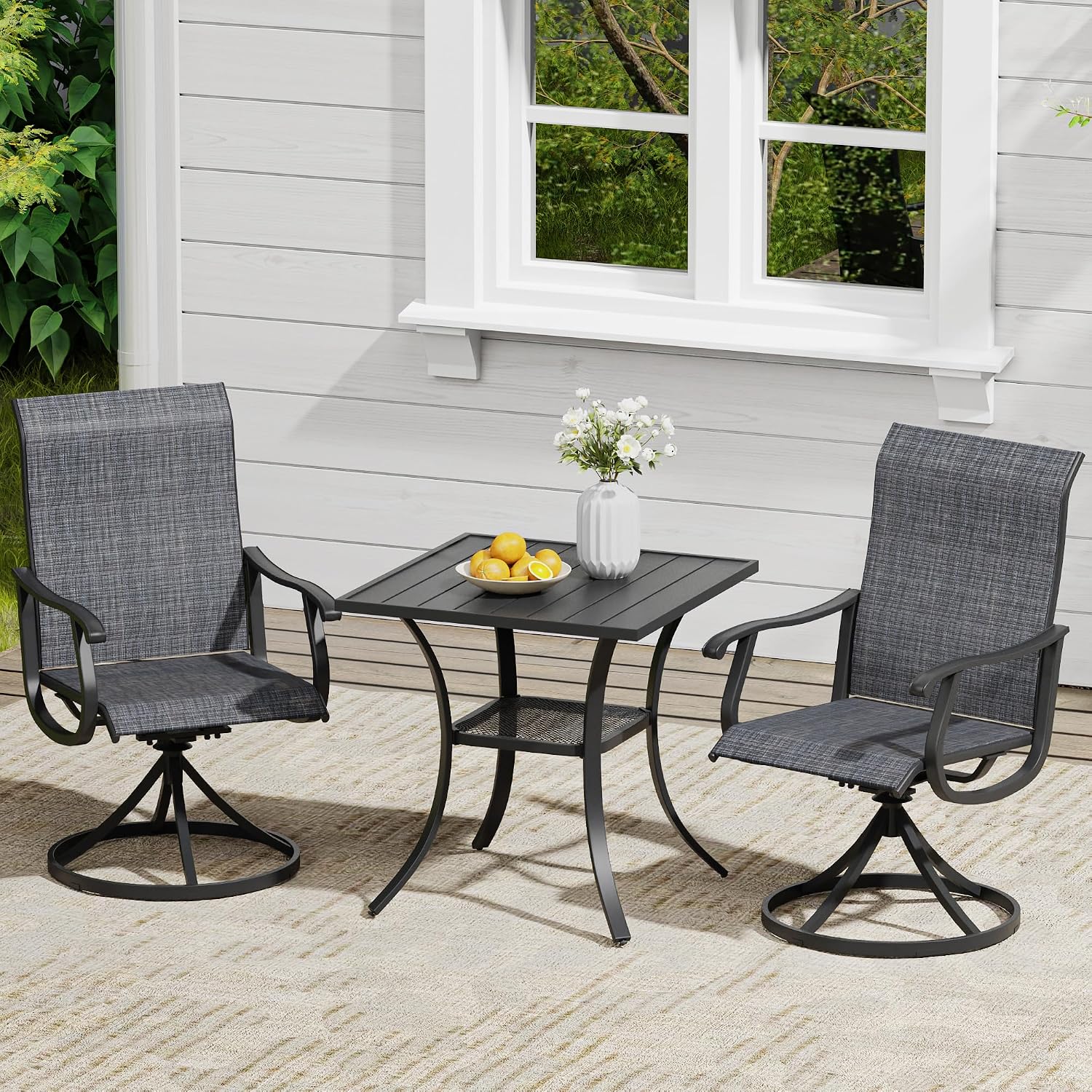 VICLLAX 3 Pieces Outdoor Dining Set, Patio Furniture Set of 2 Patio Swivel Dining Chairs and Small Dining Table with Storage Shelf, Dark Charcoal Chairs & Black Tabletop
