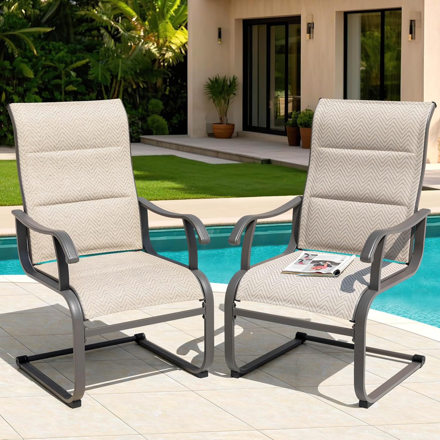 NUU GARDEN Patio Dining Chair Set of 4, Outdoor Spring Motion Chairs with Breathable Textilene, Comfortable Patio Chairs for Deck, Porch, Backyard & Indoor, Grayish Beige