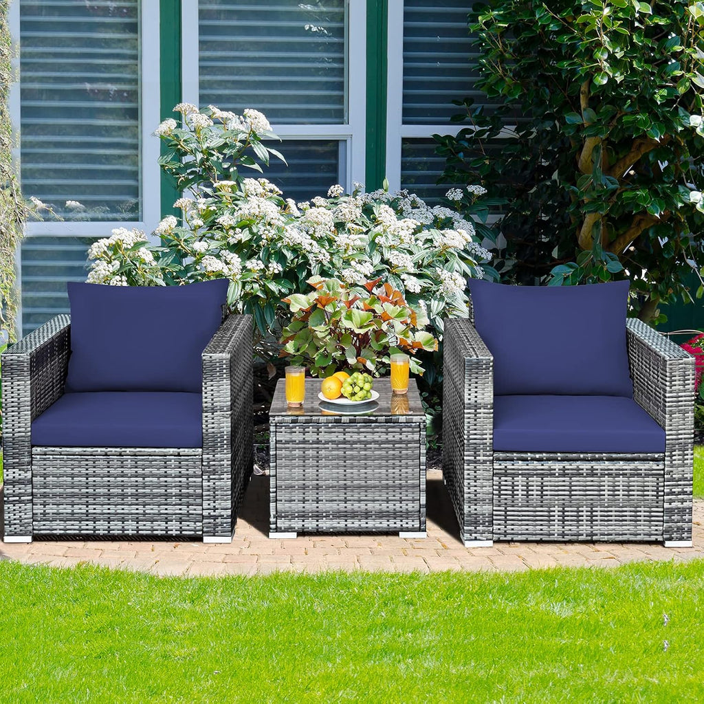 HAPPYGRILL 3 Pieces Patio Conversation Set Outdoor Rattan Wicker Sofa Set with Coffee Table Patio Furniture Set with Soft Cushions for Balcony Porch Backyard Garden