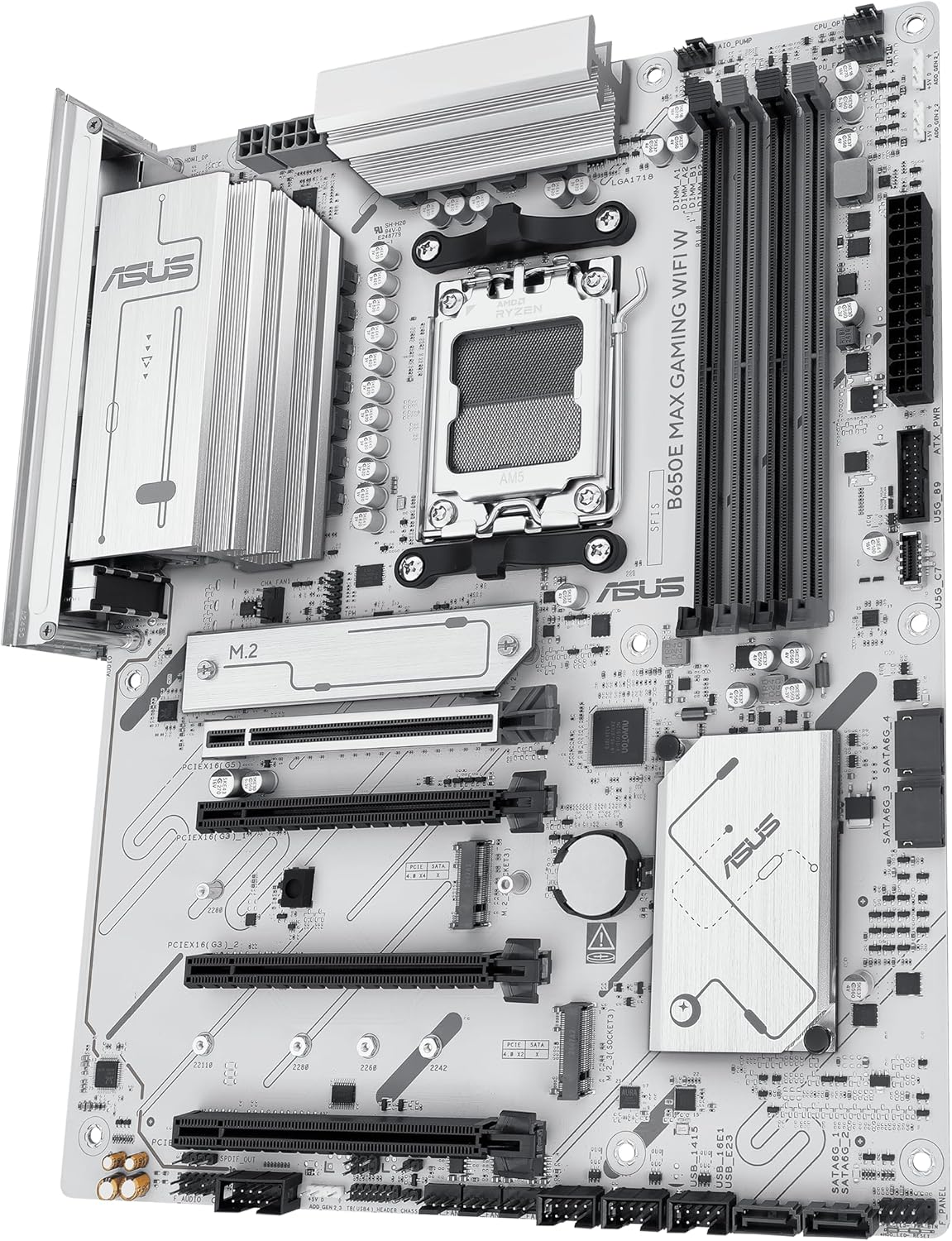 ASUS B650E MAX Gaming WiFi W – AMD B650 AM5 ATX Motherboard, White PCB, DDR5, PCIe 5.0, 3X M.2, Wi-Fi 6E, 2.5Gb LAN, USB 10Gbps Type-C, DisplayPort, HDMI™, BIOS Flashback™, Aura Sync, Advanced AI PC
