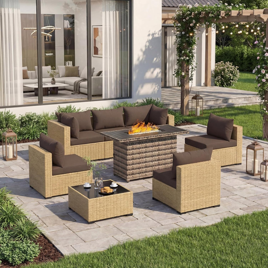 UDPATIO Furniture Set with Fire Pit Table, 8 Piece Sectional Sofas, All-Weather Wicker Conversation for Garden, Backyard, Dark Grey