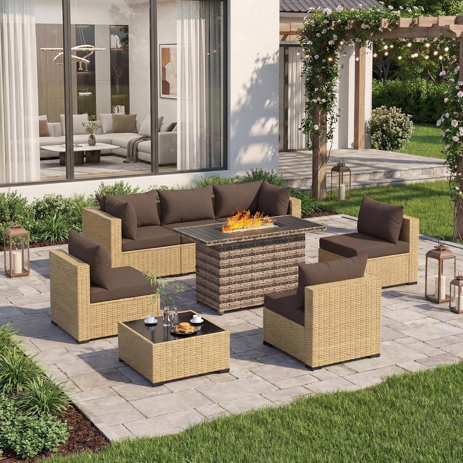 UDPATIO Furniture Set with Fire Pit Table, 8 Piece Sectional Sofas, All-Weather Wicker Conversation for Garden, Backyard, Dark Grey