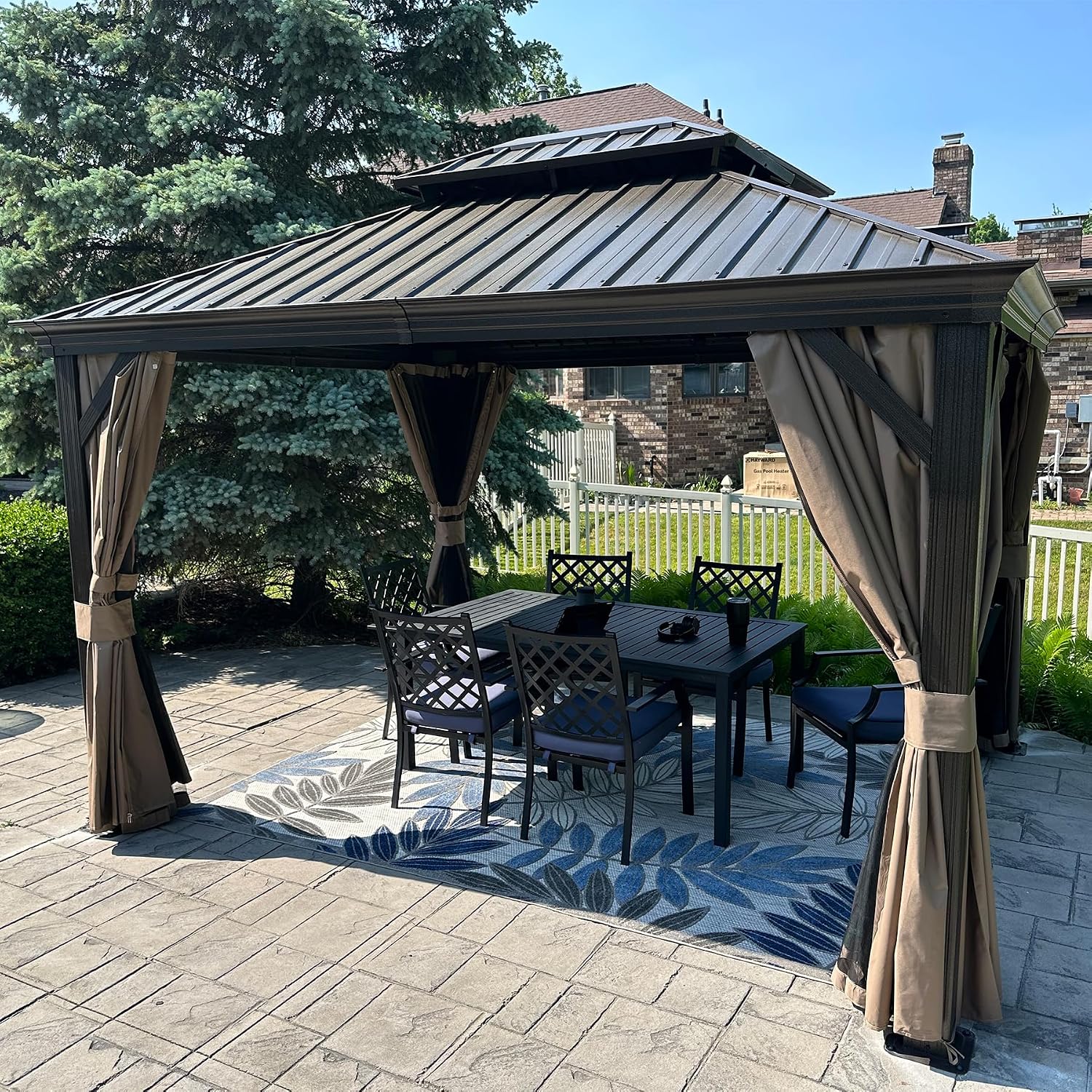 Domi Hardtop Gazebo 10x12FT, Outdoor Gazebo with Galvanized Steel Double Roof, Aluminum Frame, Built-in Gutter System, Curtain and Netting, Metal Gazebo Pavilion for Patio Deck Garden, Brown