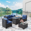 Outdoor Patio Furniture Set with Fire Pit Table, 6 Pieces Outdoor Furniture Patio Sectional Sofa PE Rattan Conversation Sets w/43 Propane Gas Firepit & Coffee Table for Outside -Dark Blue.