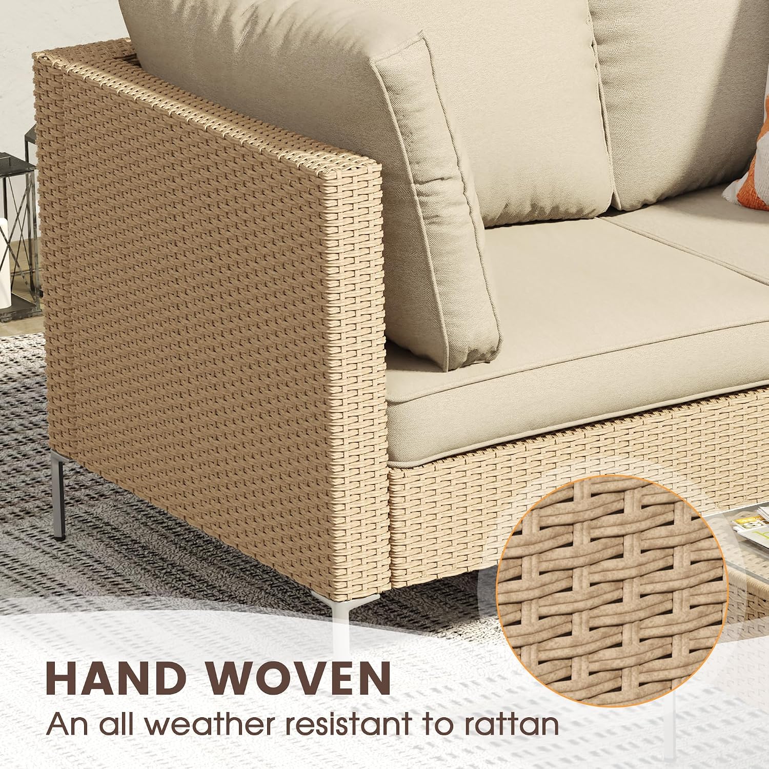 VICLLAX 3 Pieces Wicker Patio Furniture Set, Outdoor Conversation Set of 2 Armless Wicker Sofas with Cushions and Glass-top Tea Table for Deck, Backyard, Garden, Oak Rattan