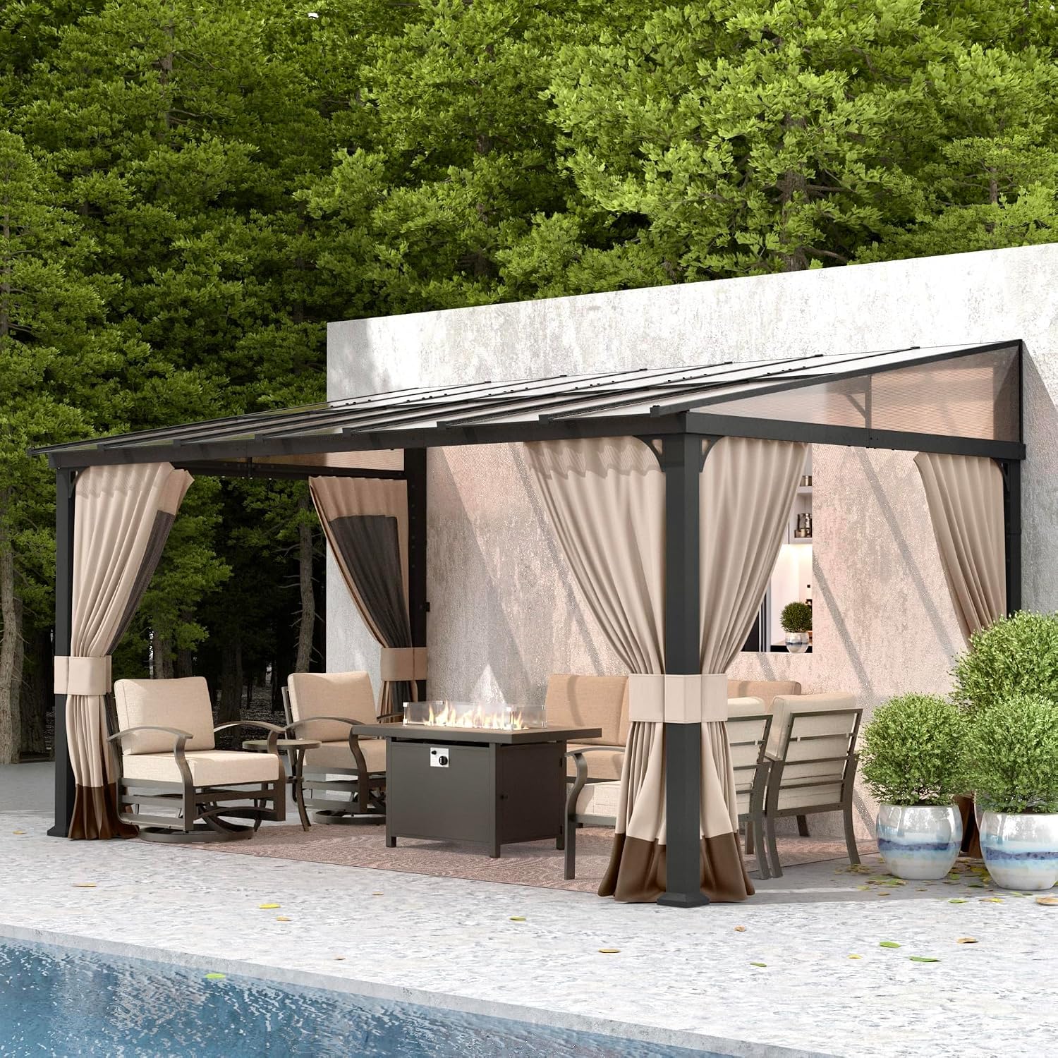 Gotland 10 FT x 14 FT Lean to Gazebo, 3 in 1 Outdoor Gazebo with Sloped Roof, Wall Mounted Gazebo with Ground Anchor Sturdy Structure, Galvanized Steel Metal Pergola for Backyard Deck Khaki