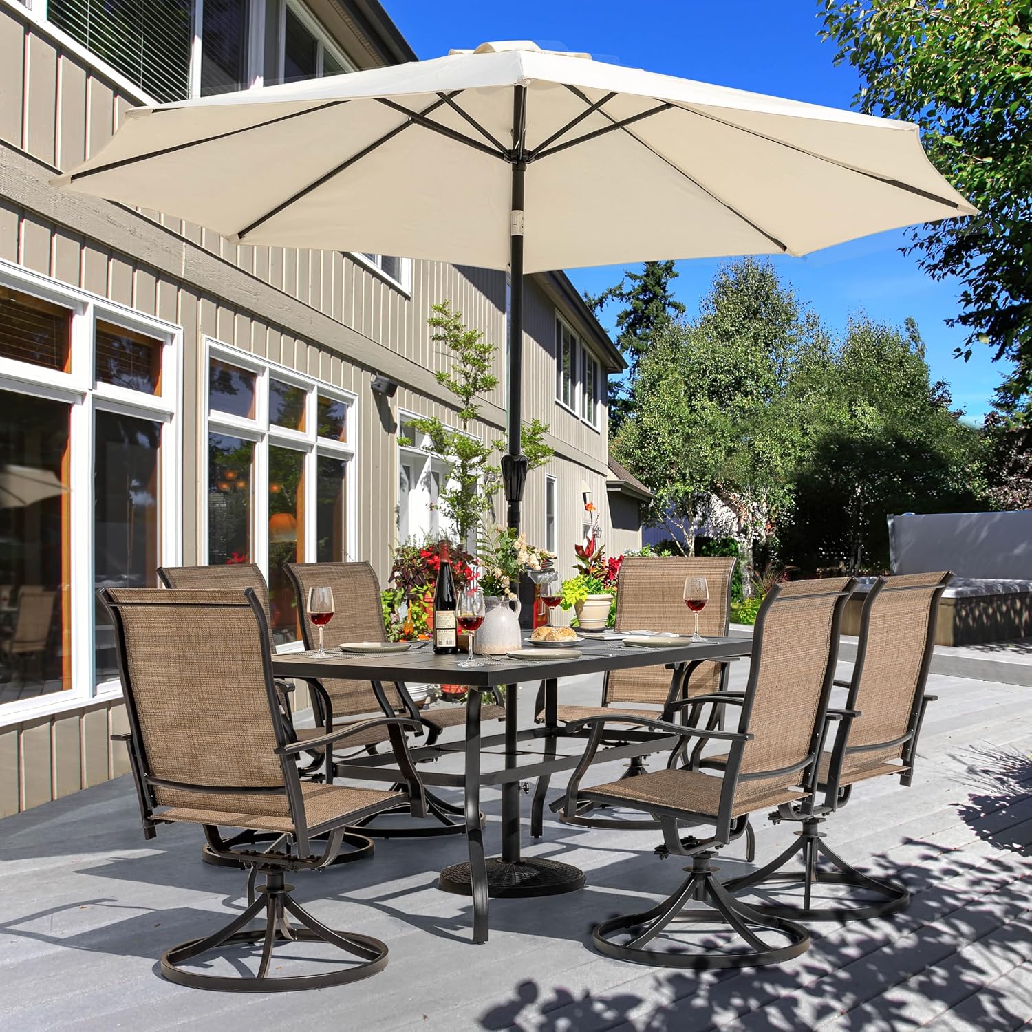 NUU GARDEN 7 Piece Outdoor Dining Set, 6 Swivel Patio Chairs and 1 Dining Table with 1.57 Inch Umbrella Hole, Iron Patio Furniture Set for Lawn Backyard Balcony, Black and Brown